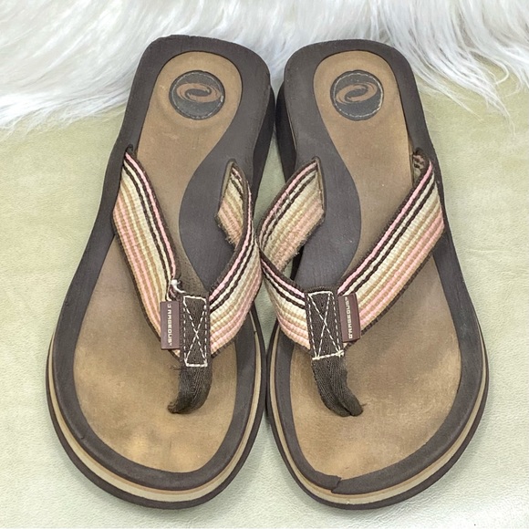 O’Rageous Thong Sandal Low Wedge Style Flip Flops Earthy Neutrals Canvas Stripe - Picture 2 of 15
